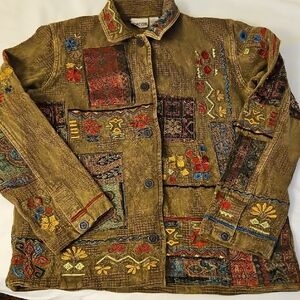 Chico's Olive Patchwork Embroidered Jean Jacket